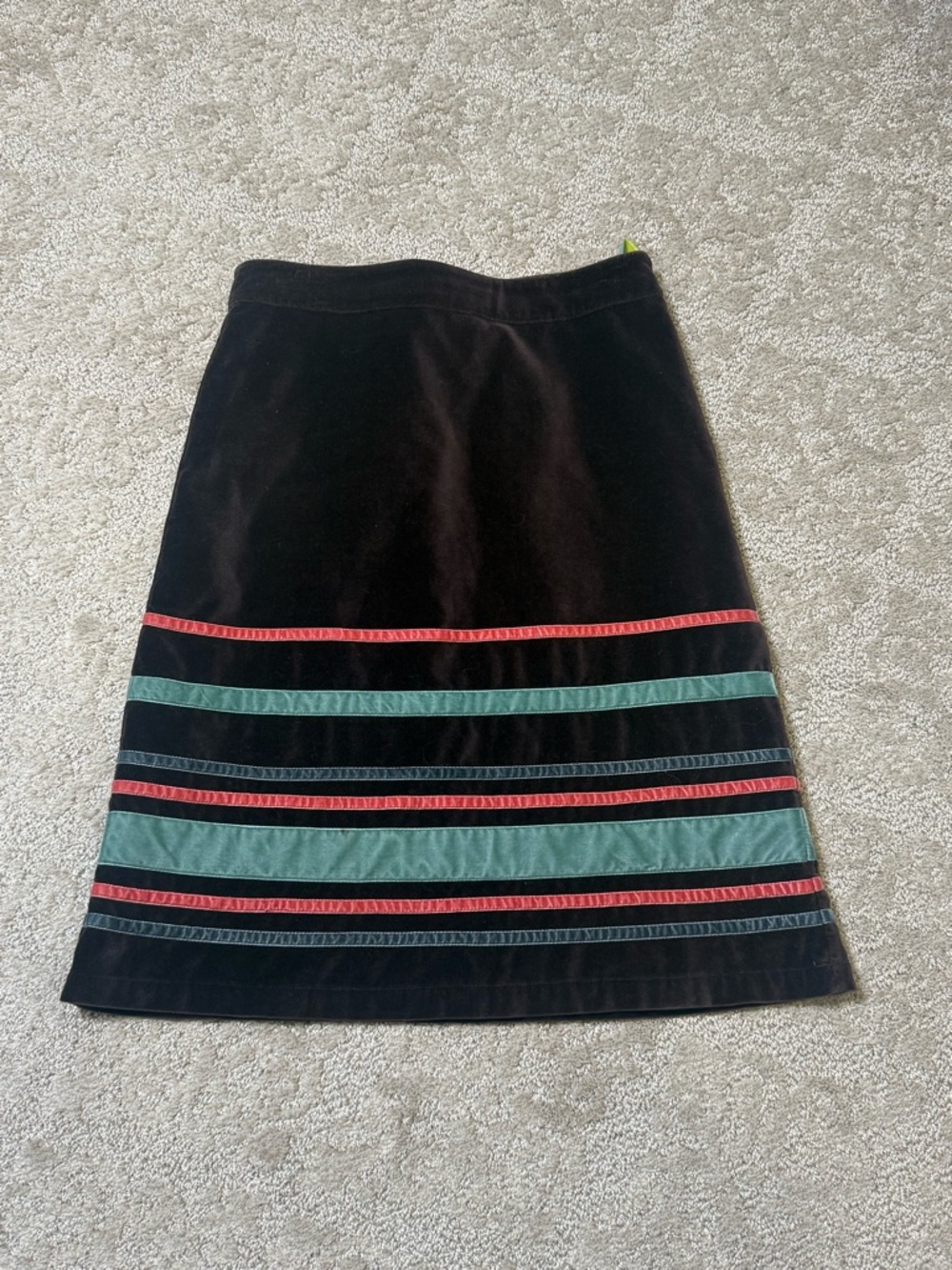 Boden Chocolate Brown Velvet A-Line Skirt with Teal and Red Stripes